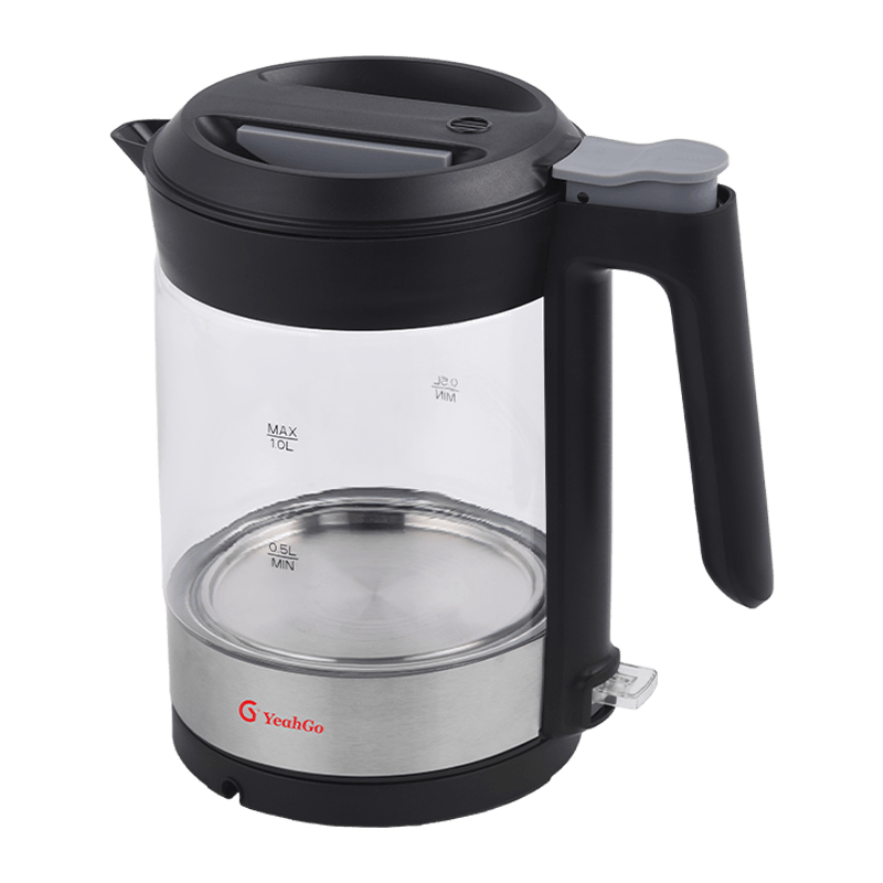 Hervidor eléctrico de vidrio de alto borosilicato con punta antipunta de 1,0 L y anillo decorativo de acero inoxidable