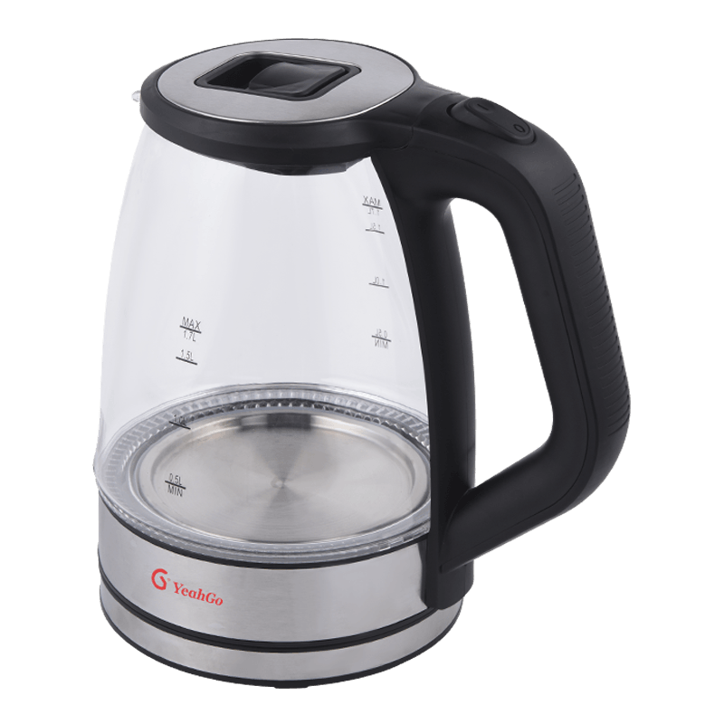 Hervidor de vidrio de alto borosilicato envuelto en acero inoxidable doble con tapa de tracción manual de 1,7 L