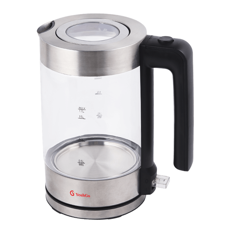 Hervidor de vidrio cilíndrico con forma de borosilicato alto recortado en acero inoxidable de 1,7 L
