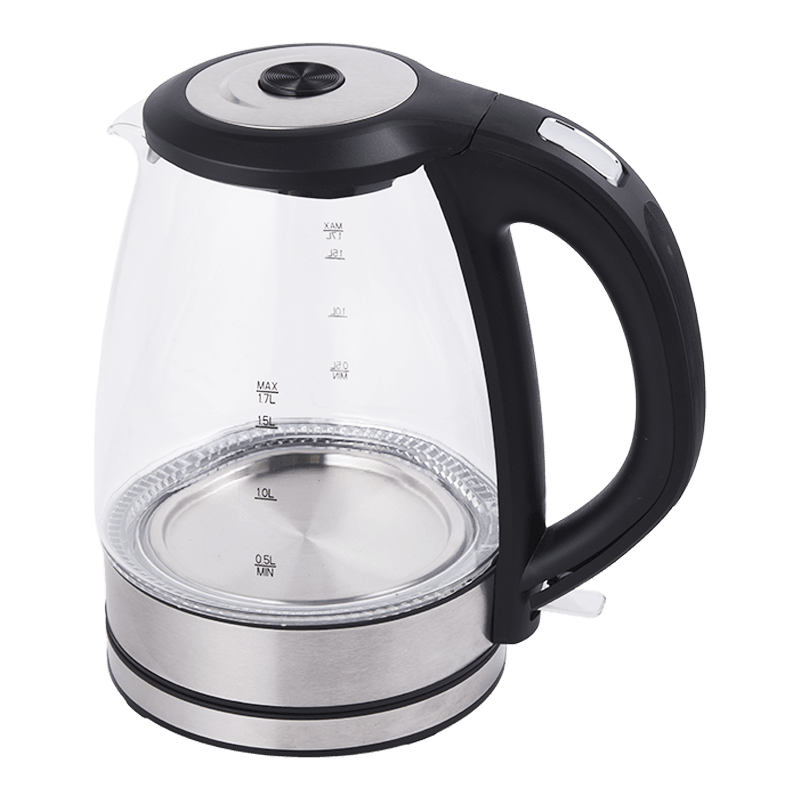 Hervidor de vidrio con alto contenido de borosilicato envuelto en acero inoxidable y tapa emergente con resorte de un solo toque de 1,7 L