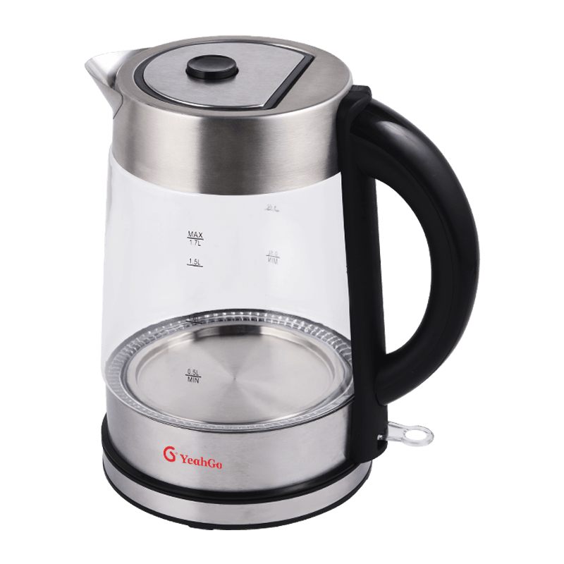 Hervidor de vidrio de forma cilíndrica con alto contenido de borosilicato envuelto en acero inoxidable y tapa emergente de un solo toque de 1,7 L