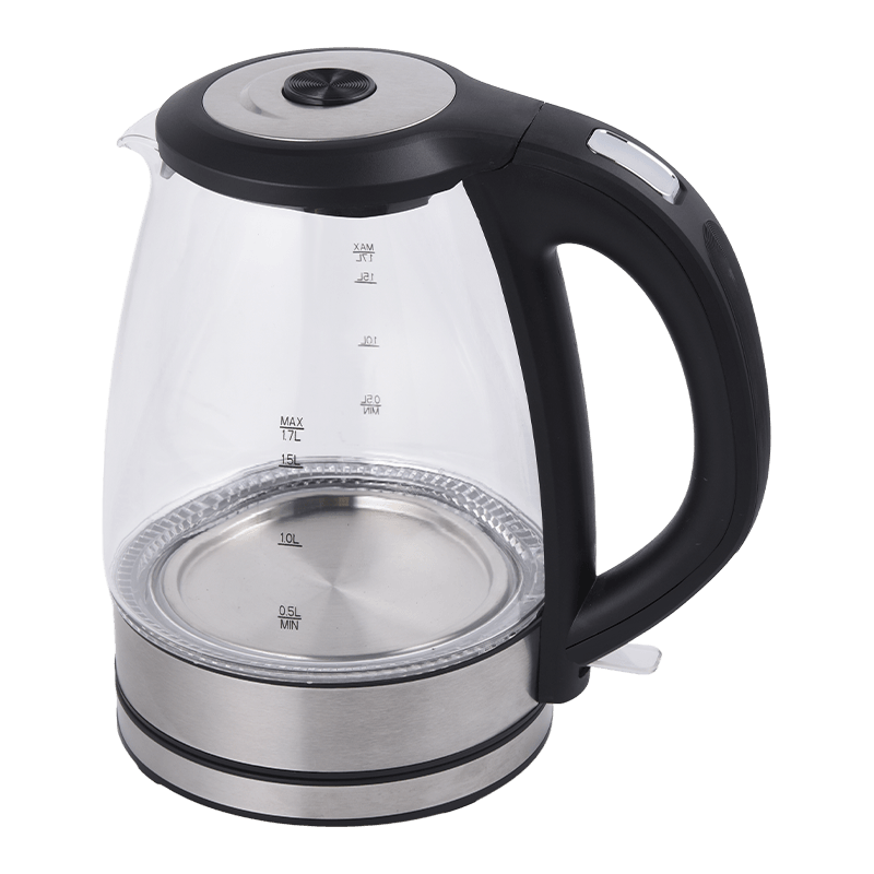 Hervidor de vidrio de borosilicato de alta resistencia de 1,7 L con tapa abatible de apertura mediante un toque y revestimiento de acero inoxidable